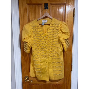 Vango Yellow Linen Beaded Puff Sleeve Blouse 16X Boho Top Read
